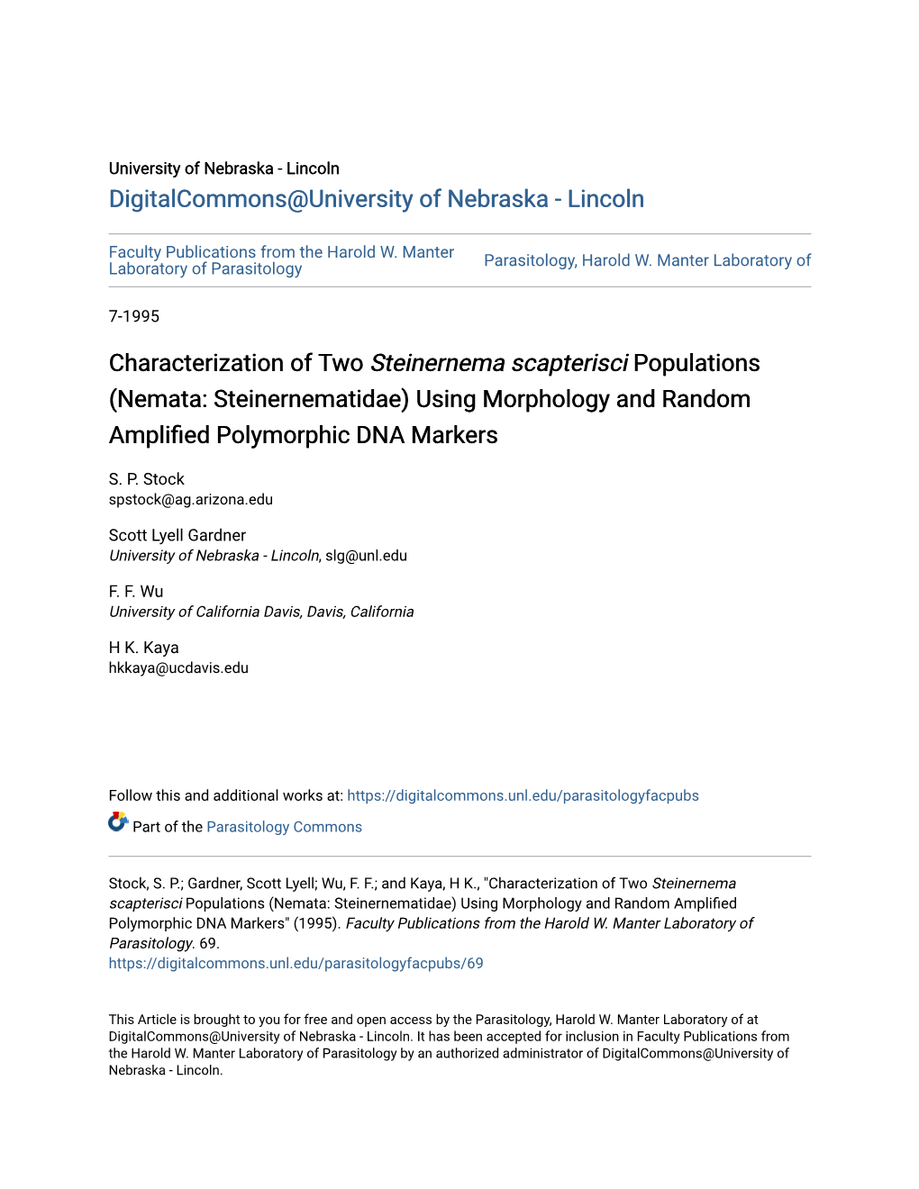 Characterization of Two Steinernema Scapterisci Populations (Nemata: Steinernematidae) Using Morphology and Random Amplified Olymorphicp DNA Markers