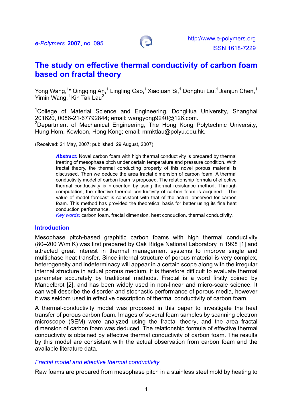 The Study on Effective Thermal Conductivity of Carbon Foam Based on Fractal Theory