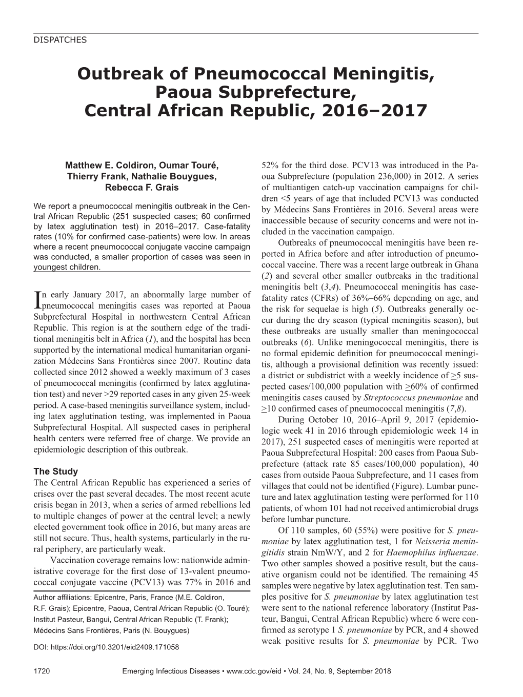 Outbreak of Pneumococcal Meningitis, Paoua Subprefecture, Central African Republic, 2016–2017