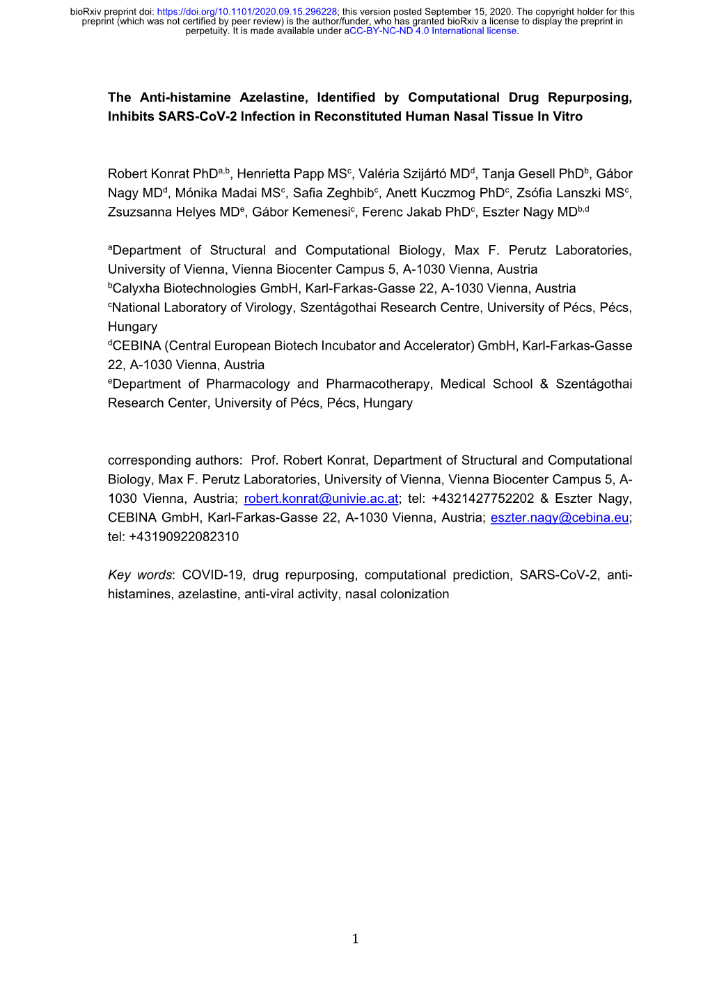 The Anti-Histamine Azelastine, Identified by Computational Drug Repurposing, Inhibits SARS-Cov-2 Infection in Reconstituted Human Nasal Tissue in Vitro