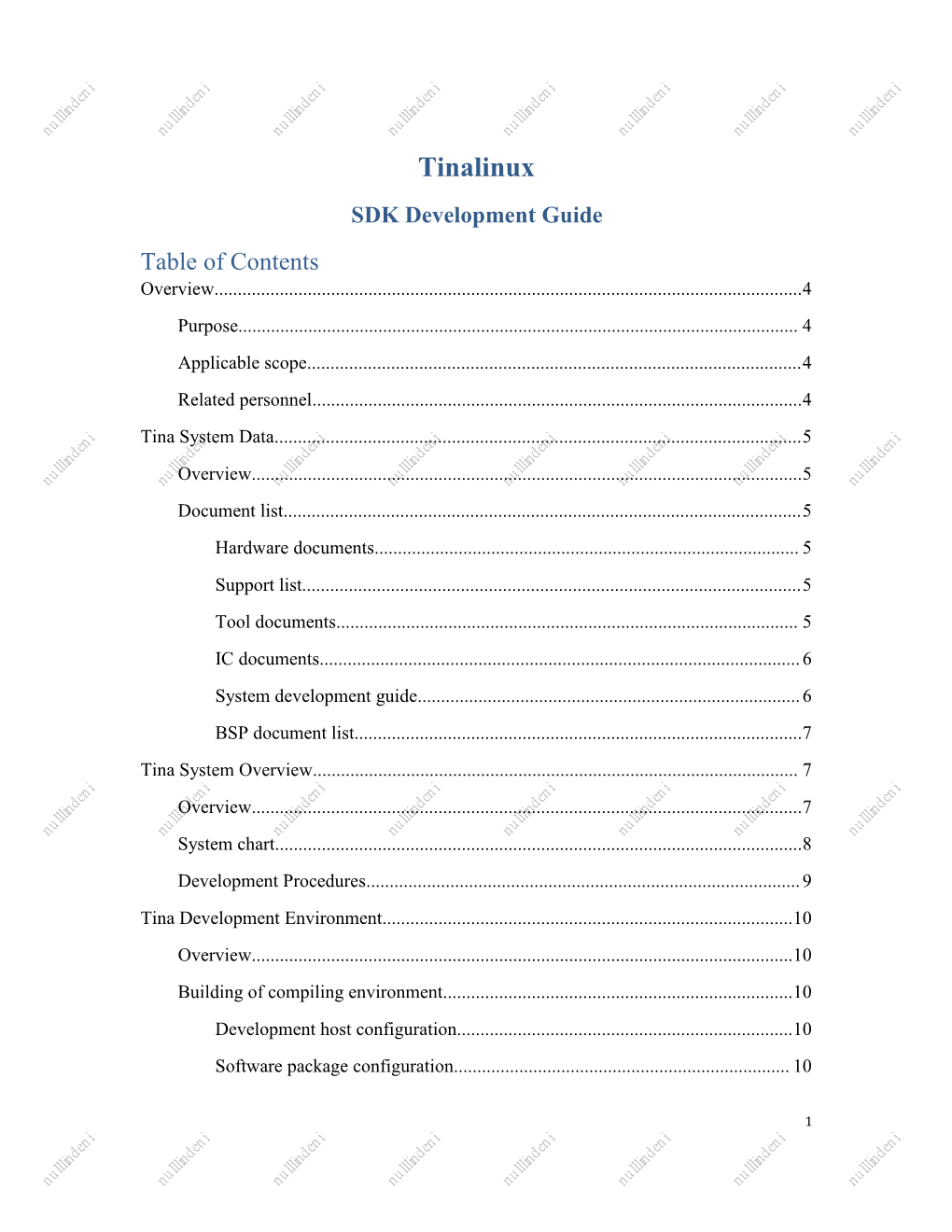 Tinalinux SDK Development Guide Table of Contents Overview