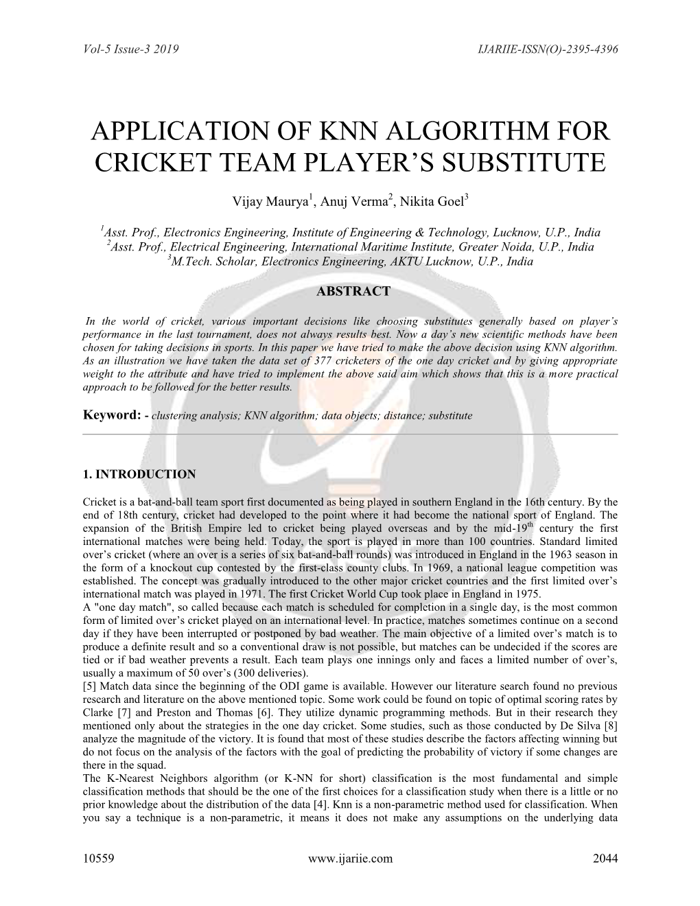 Application of Knn Algorithm for Cricket Team Player's