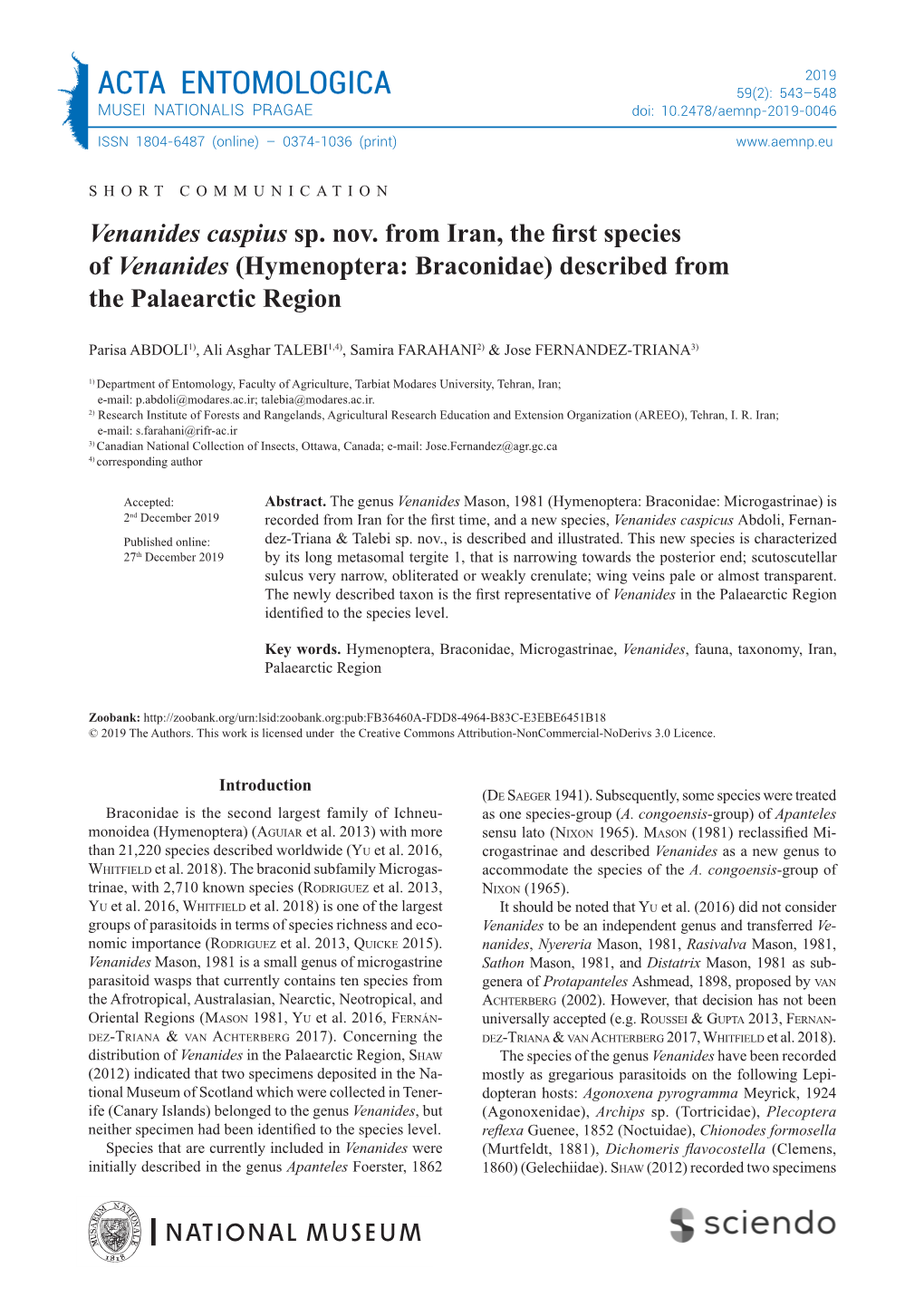 Hymenoptera: Braconidae) Described from the Palaearctic Region