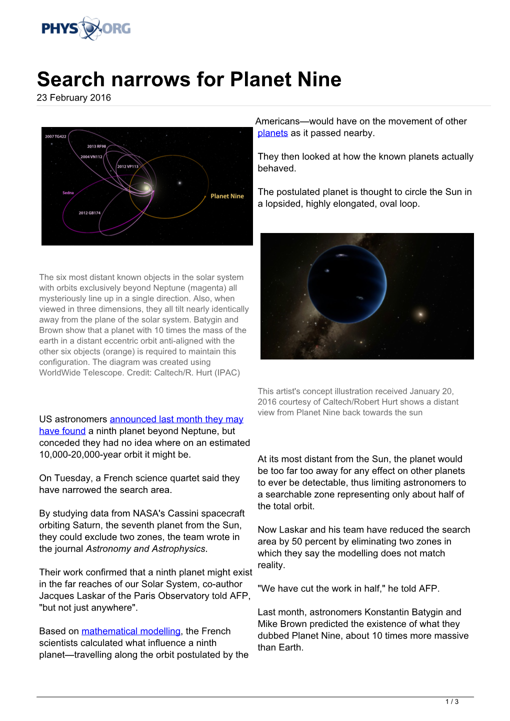 Search Narrows for Planet Nine 23 February 2016