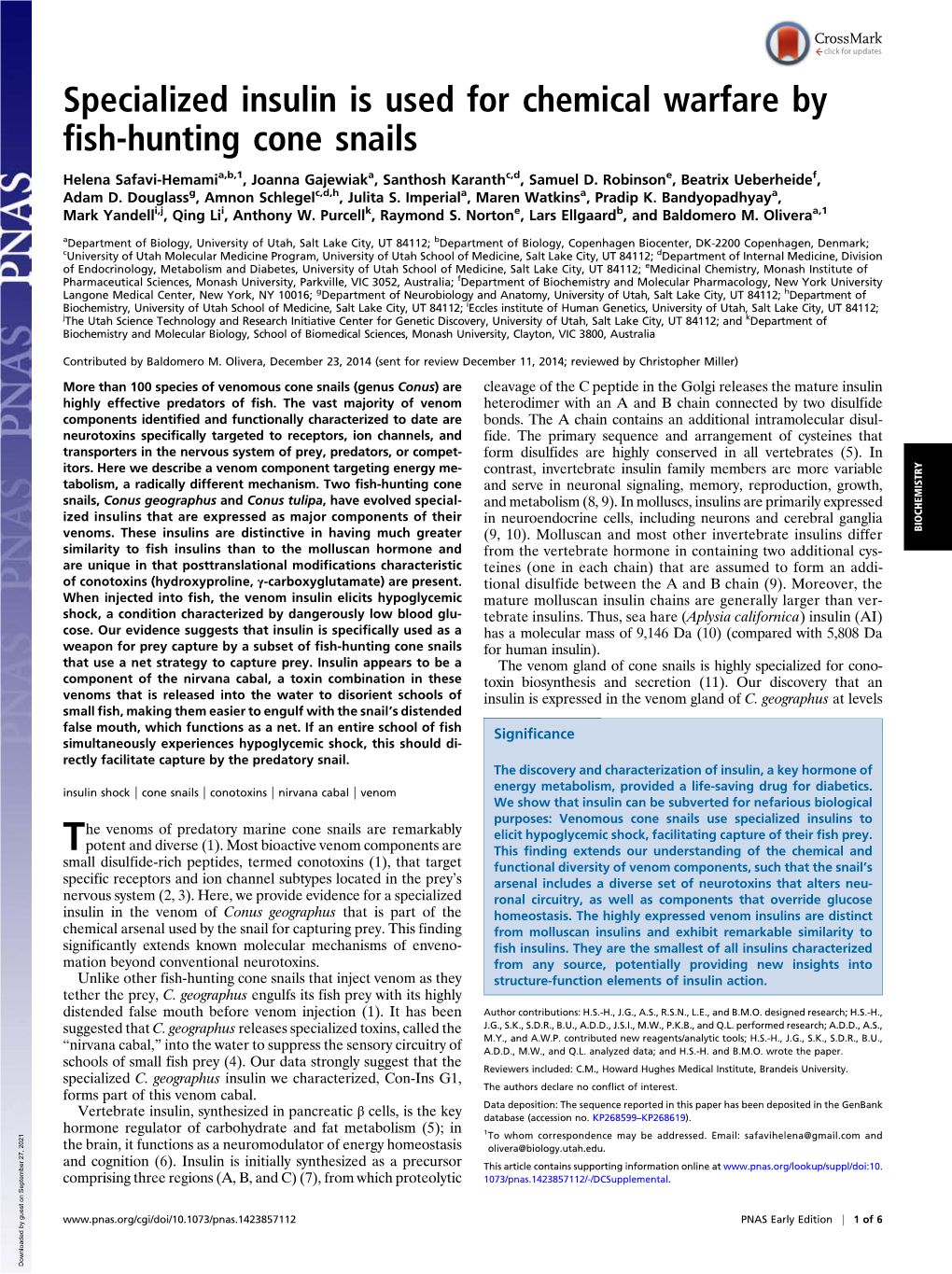 Specialized Insulin Is Used for Chemical Warfare by Fish-Hunting Cone Snails