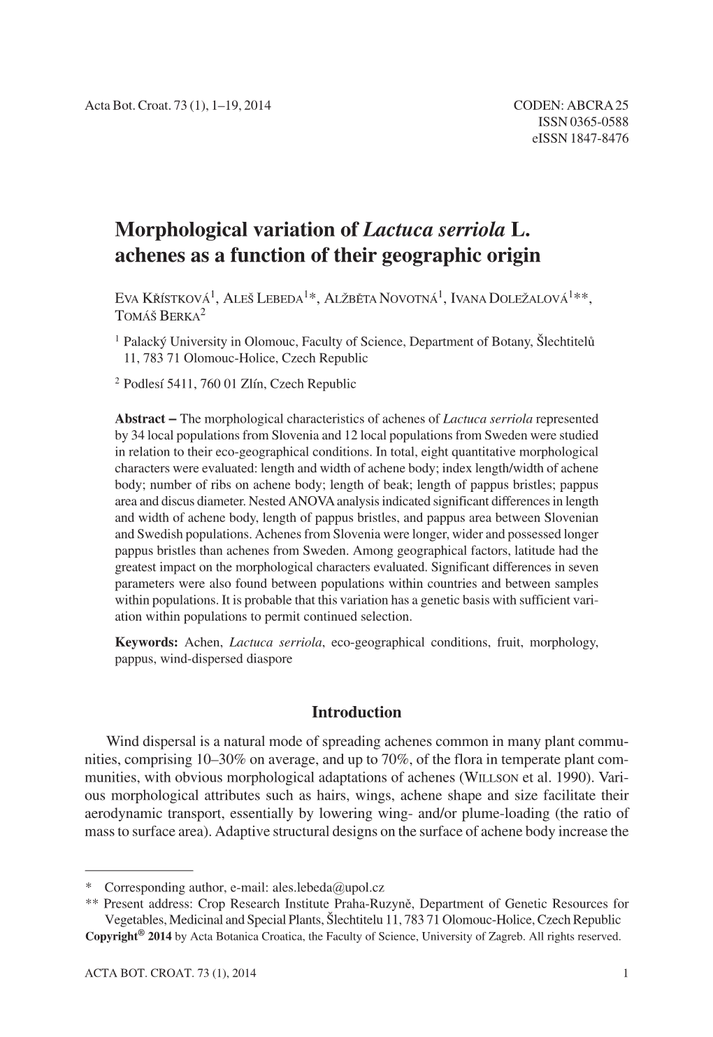 Morphological Variation of Lactuca Serriola L. Achenes As a Function of Their Geographic Origin