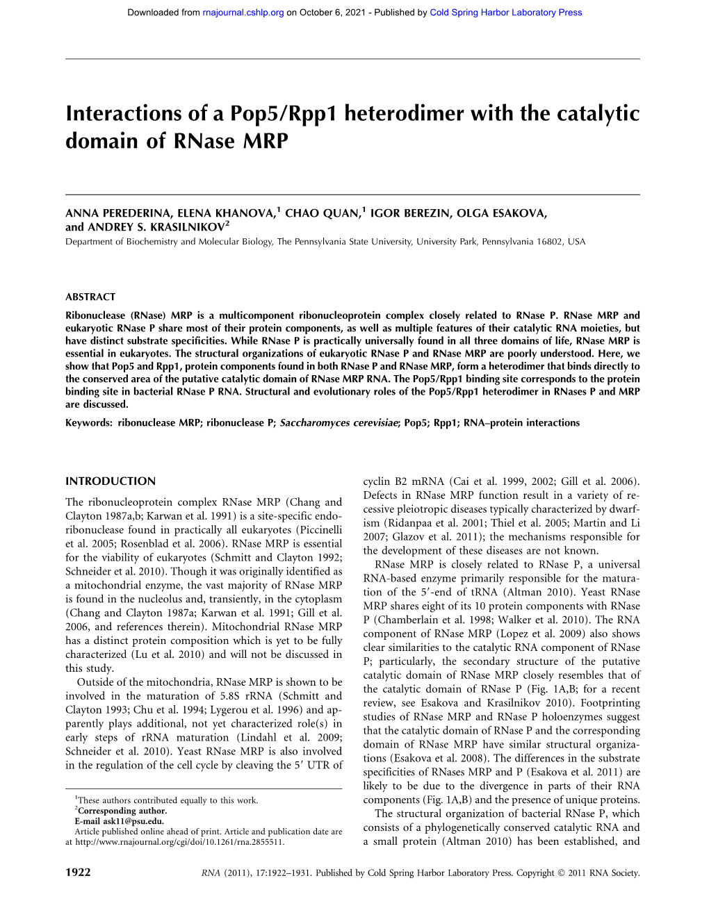 Interactions of a Pop5/Rpp1 Heterodimer with the Catalytic Domain of Rnase MRP