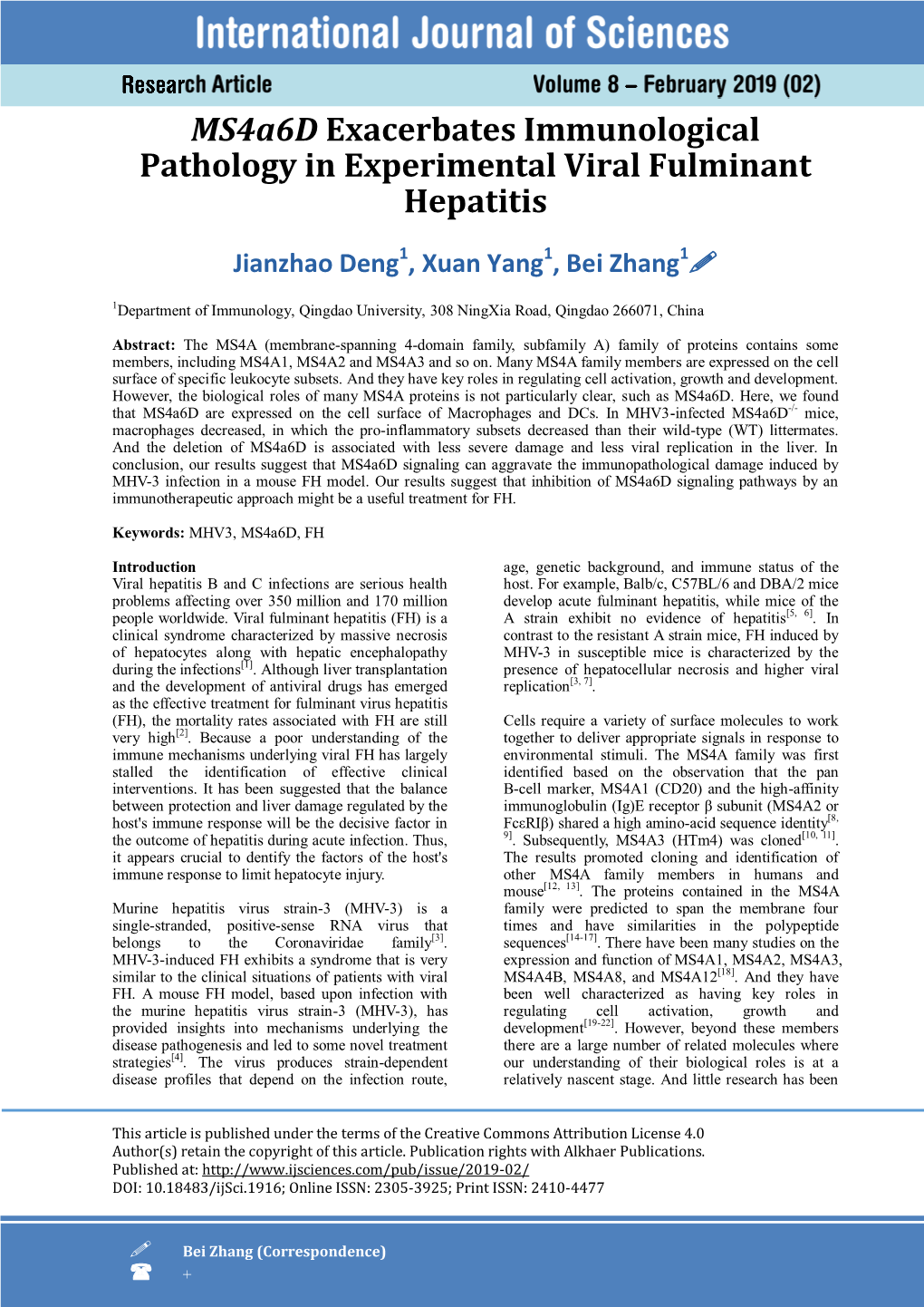 Ms4a6d Exacerbates Immunological Pathology in Experimental Viral Fulminant Hepatitis