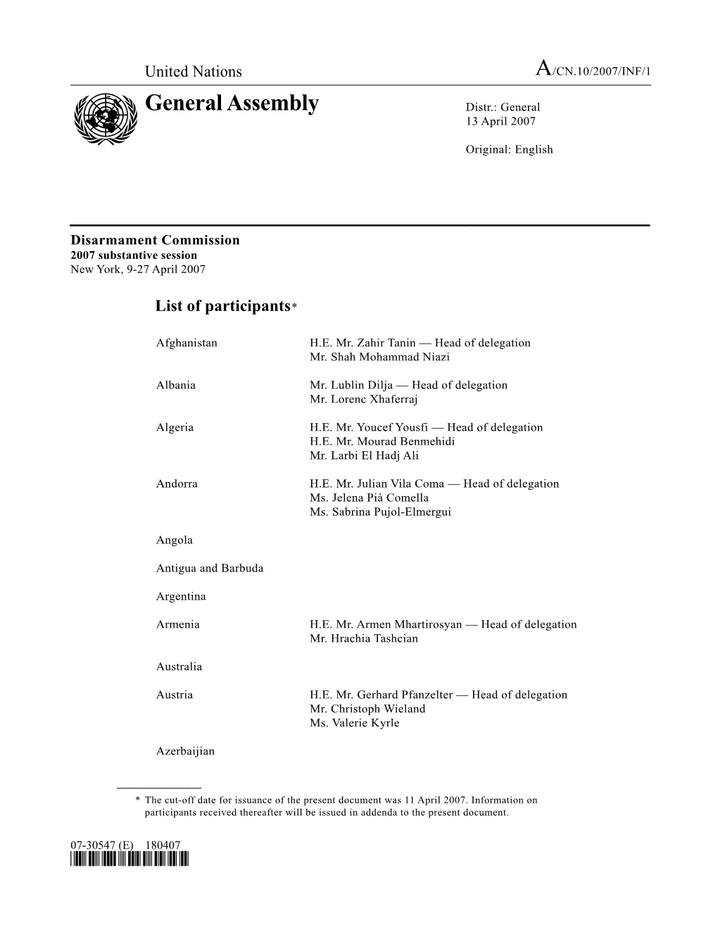 General Assembly Distr.: General 13 April 2007