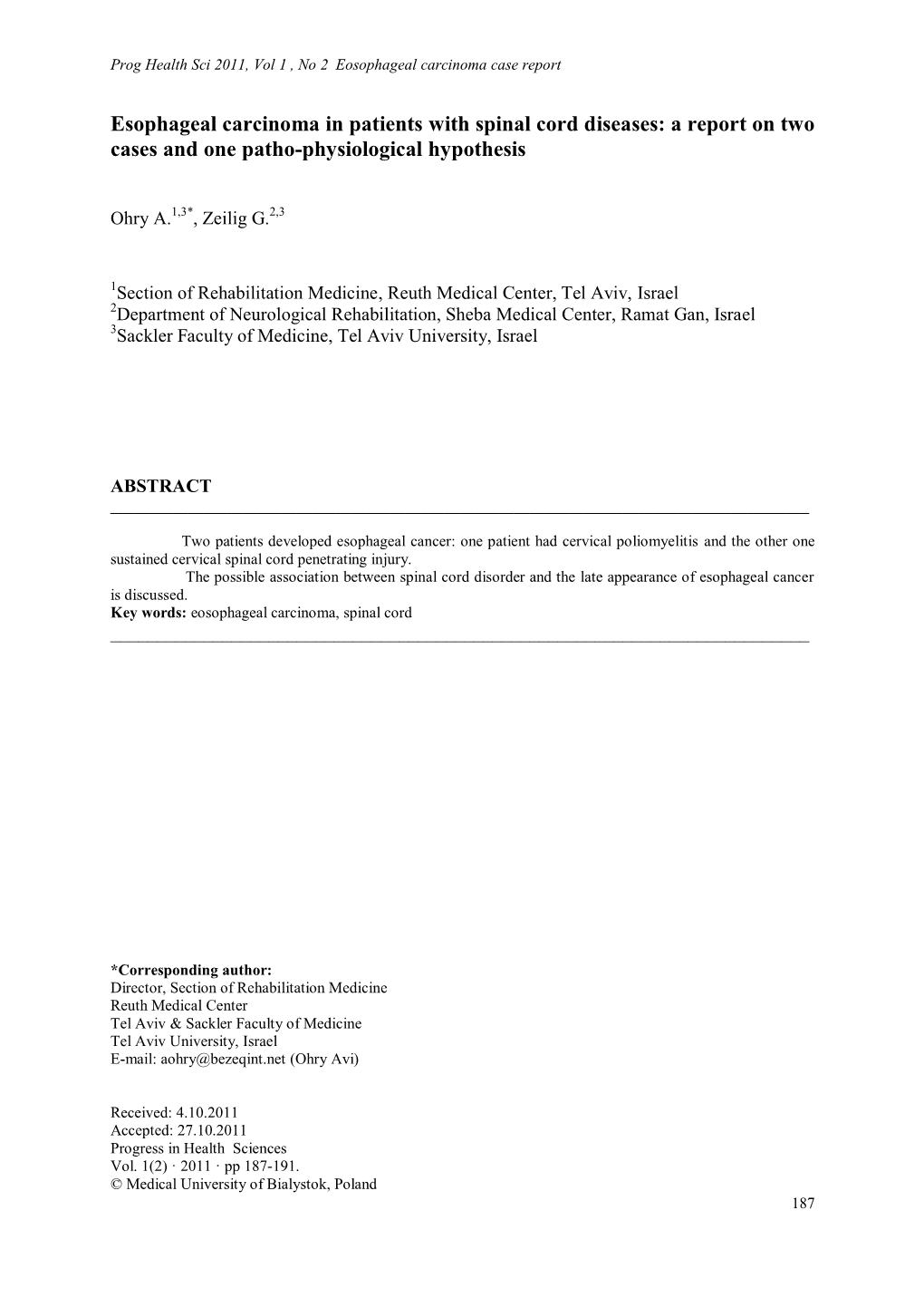 Esophageal Carcinoma in Patients with Spinal Cord Diseases: a Report on Two Cases and One Patho-Physiological Hypothesis