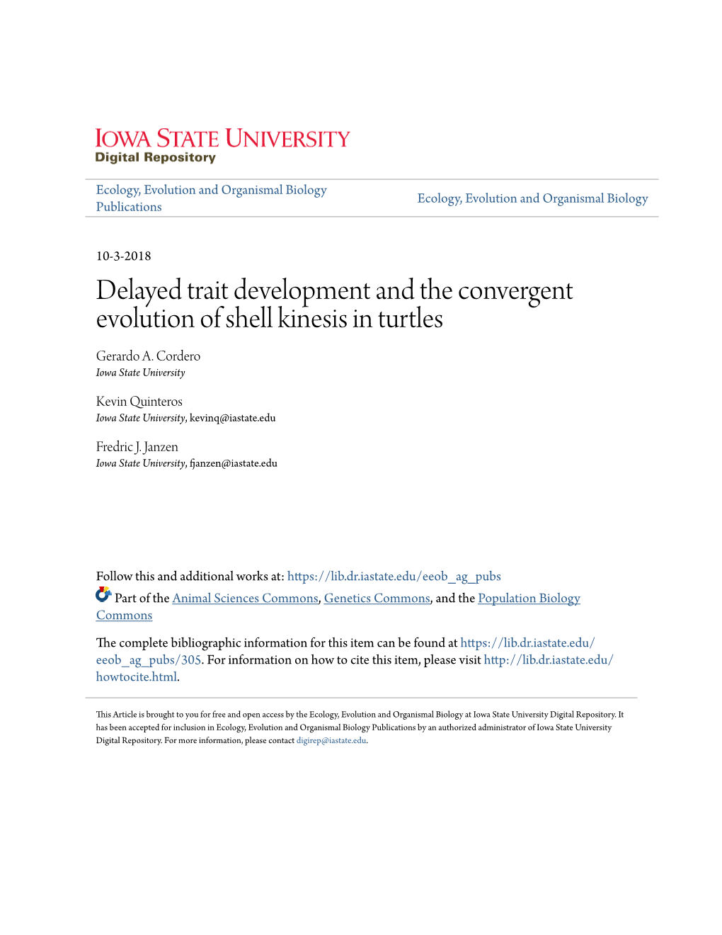 Delayed Trait Development and the Convergent Evolution of Shell Kinesis in Turtles Gerardo A