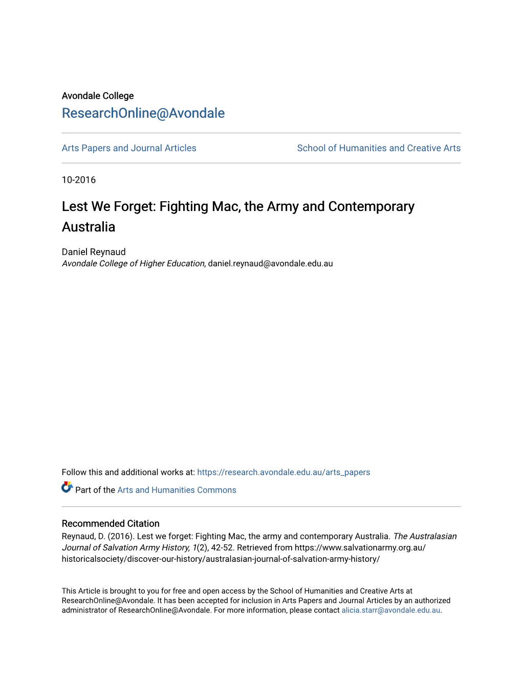 Lest We Forget: Fighting Mac, the Army and Contemporary Australia