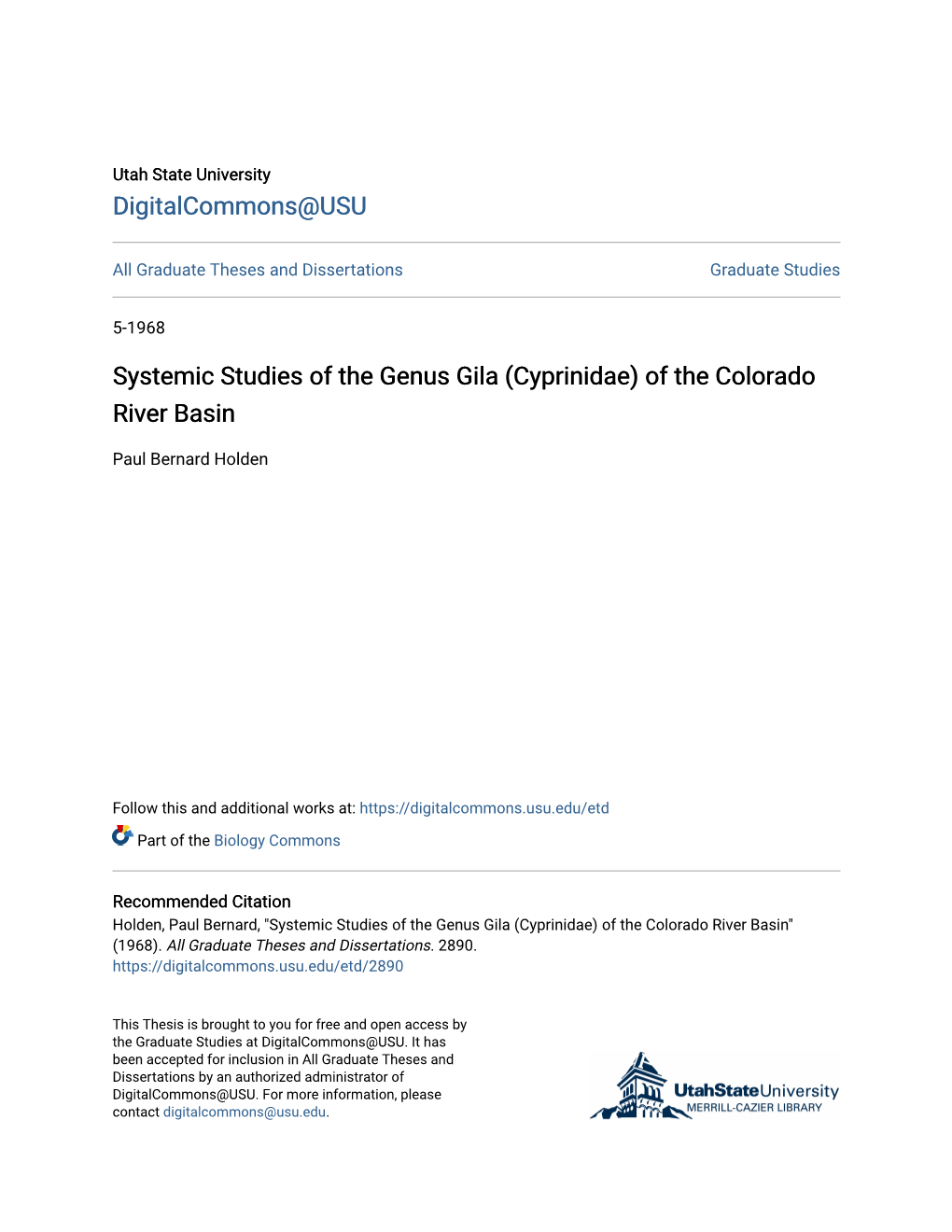 Systemic Studies of the Genus Gila (Cyprinidae) of the Colorado River Basin
