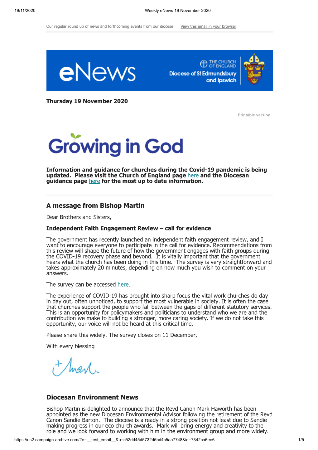 A Message from Bishop Martin Diocesan Environment News