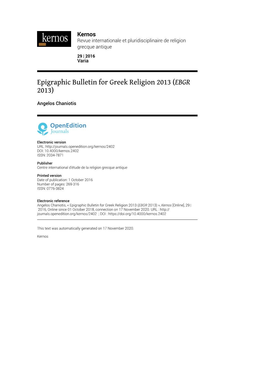 Epigraphic Bulletin for Greek Religion 2013 (EBGR 2013)