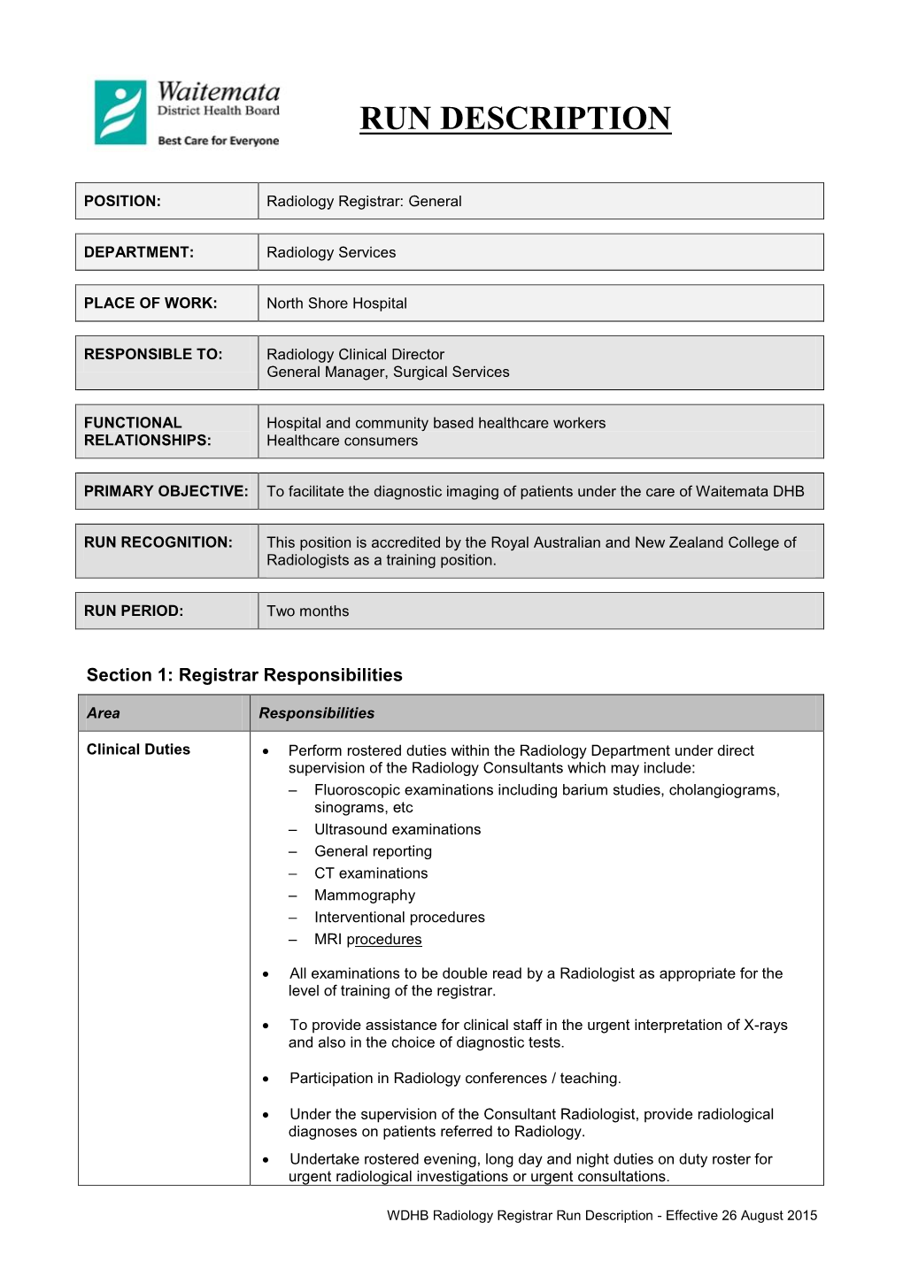 WDHB Radiology Registrar Run Description - Effective 26 August 2015 Area Responsibilities