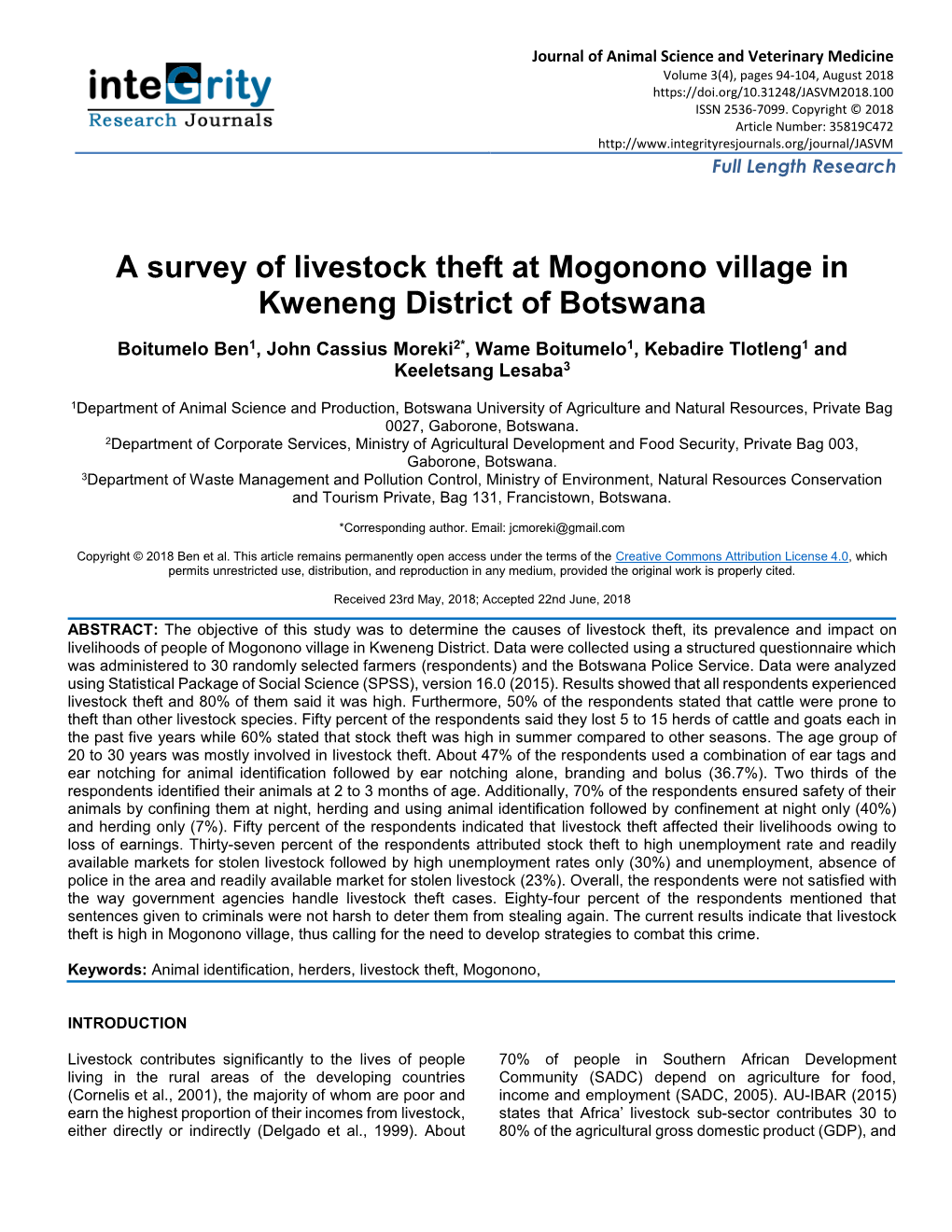 A Survey of Livestock Theft at Mogonono Village in Kweneng District of Botswana