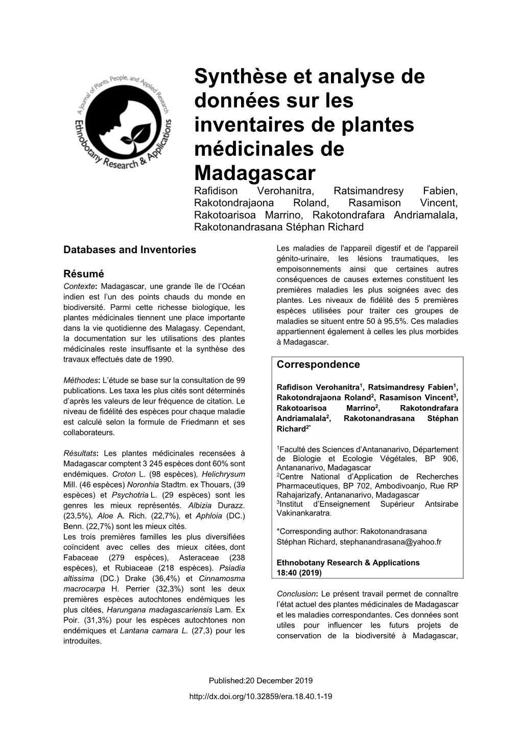 Synthèse Et Analyse De Données Sur Les Inventaires De Plantes Médicinales De Madagascar