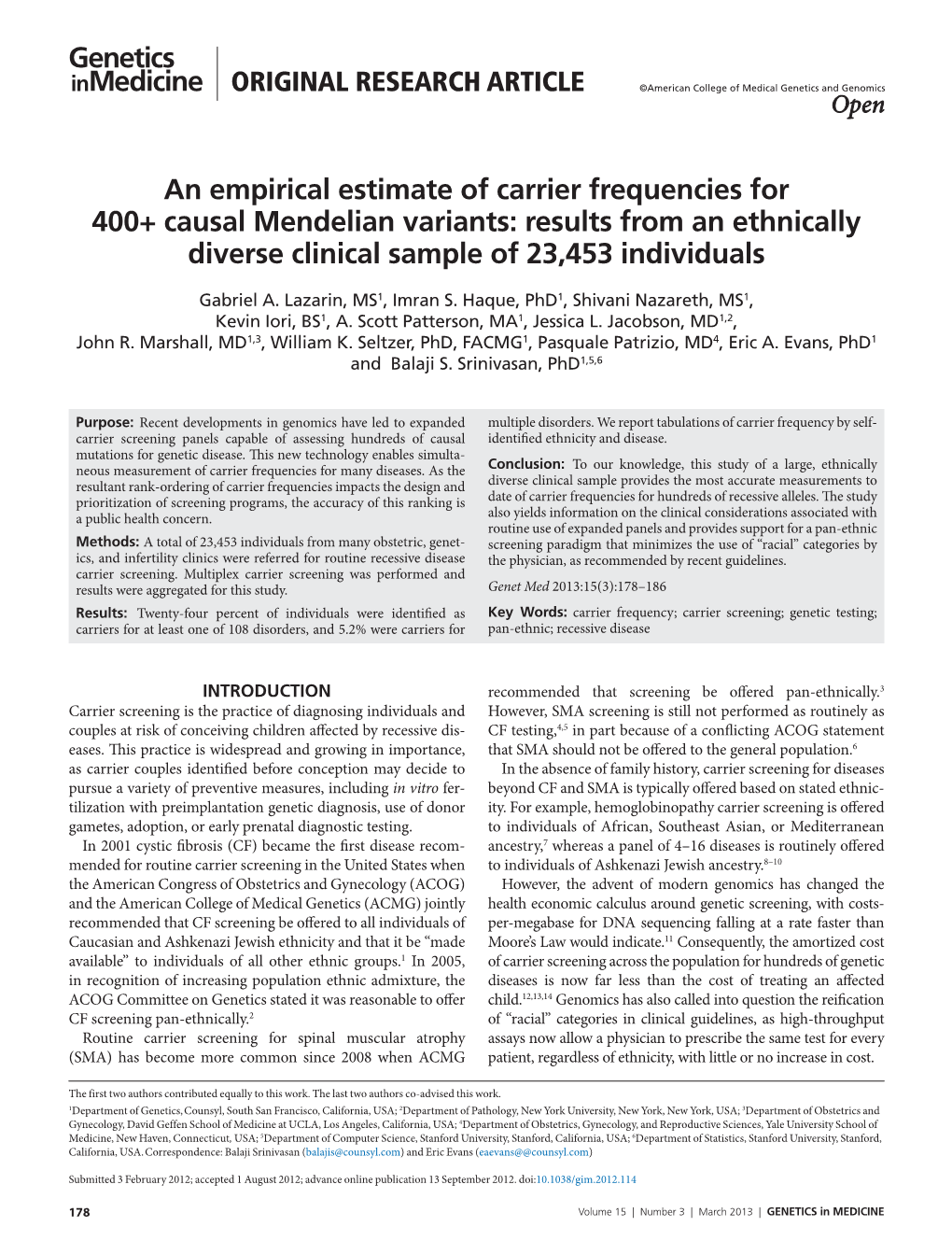 An Empirical Estimate of Carrier Frequencies for 400+ Causal Mendelian Variants: Results from an Ethnically Diverse Clinical Sample of 23,453 Individuals