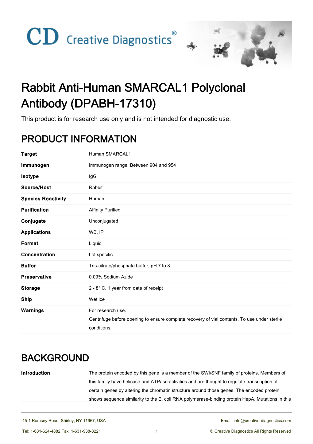 Rabbit Anti-Human SMARCAL1 Polyclonal Antibody (DPABH-17310) This Product Is for Research Use Only and Is Not Intended for Diagnostic Use
