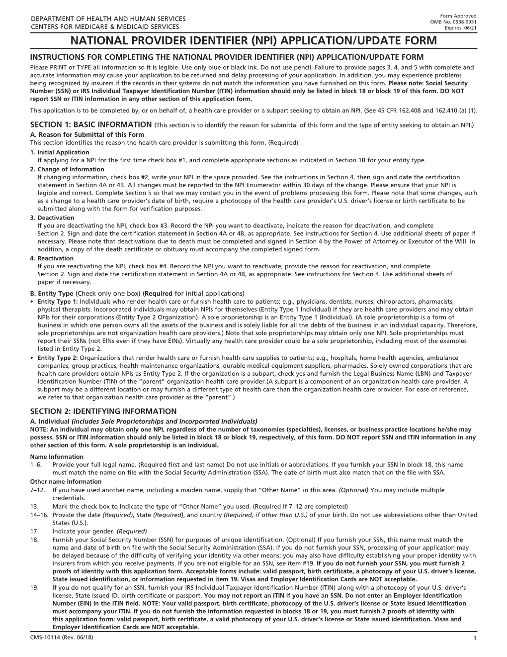 National Provider Identifier (Npi) Application/Update Form