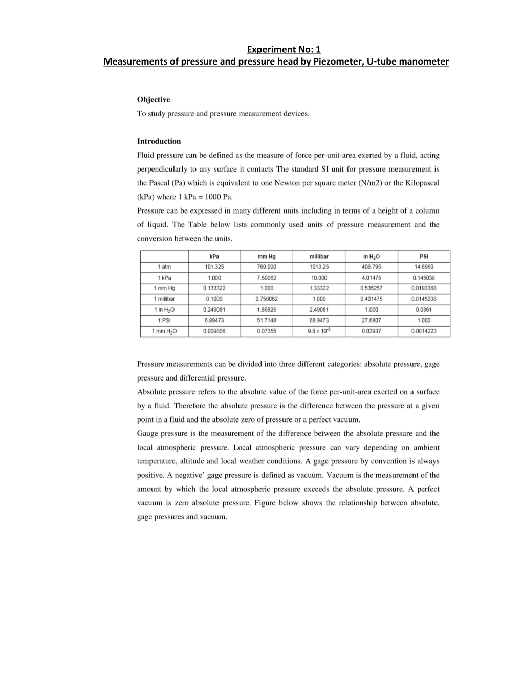 Experiment No: 1 Measurements of Pressure and Pressure Head by Piezometer, U-Tube Manometer