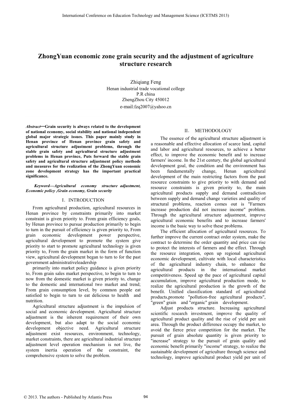 Zhongyuan Economic Zone Grain Security and the Adjustment of Agriculture Structure Research