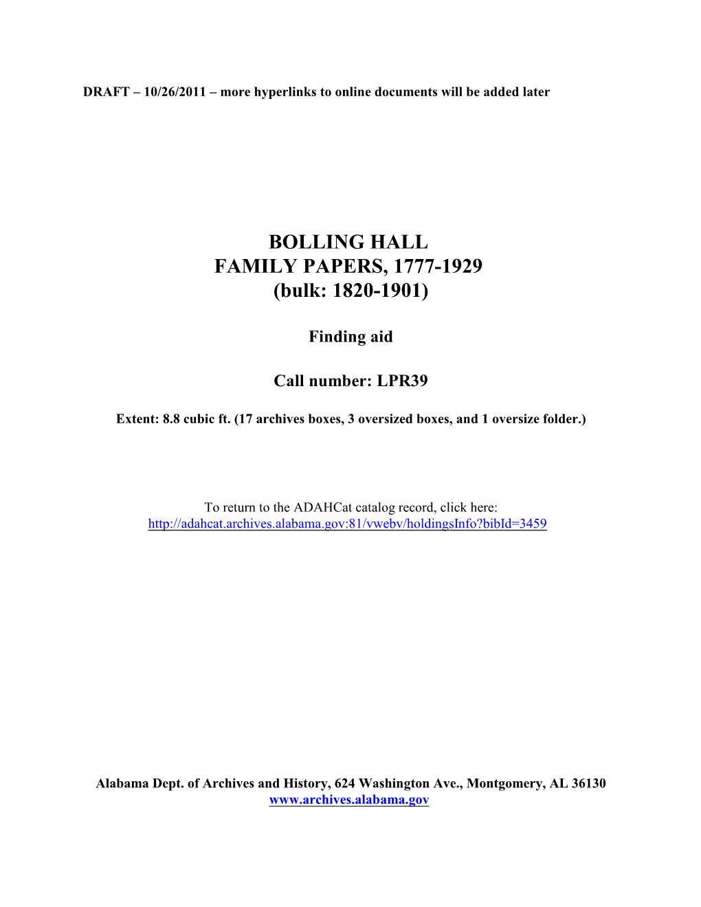 Bolling Hall Family Papers Finding