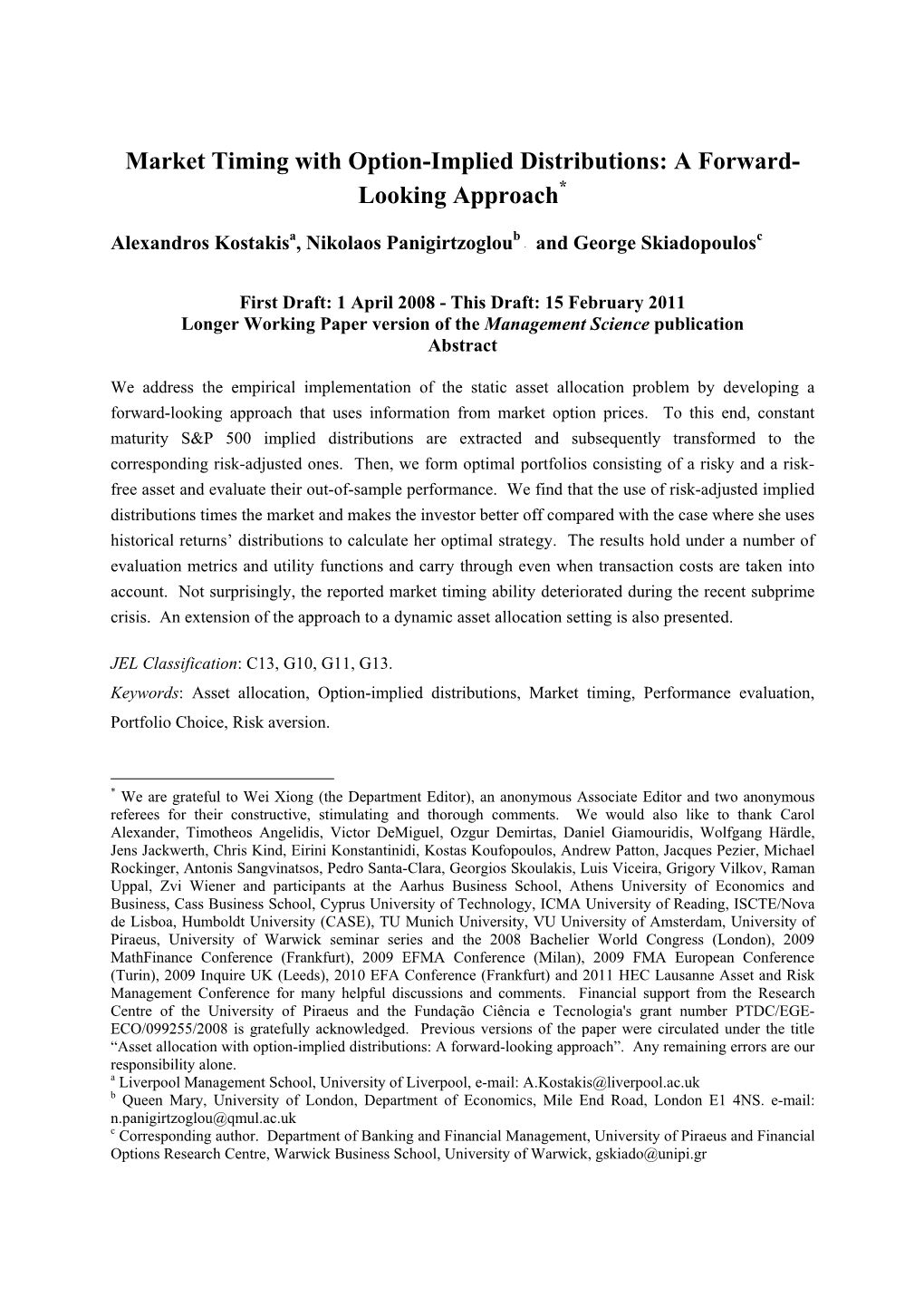 Market Timing with Option-Implied Distributions: a Forward- Looking Approach*