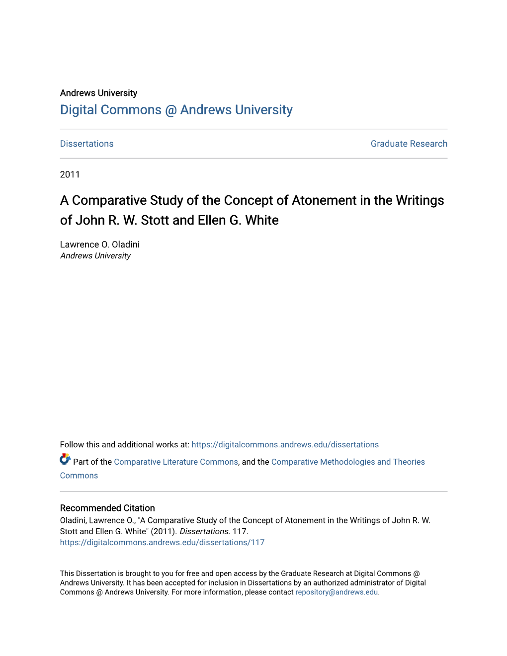A Comparative Study of the Concept of Atonement in the Writings of John R