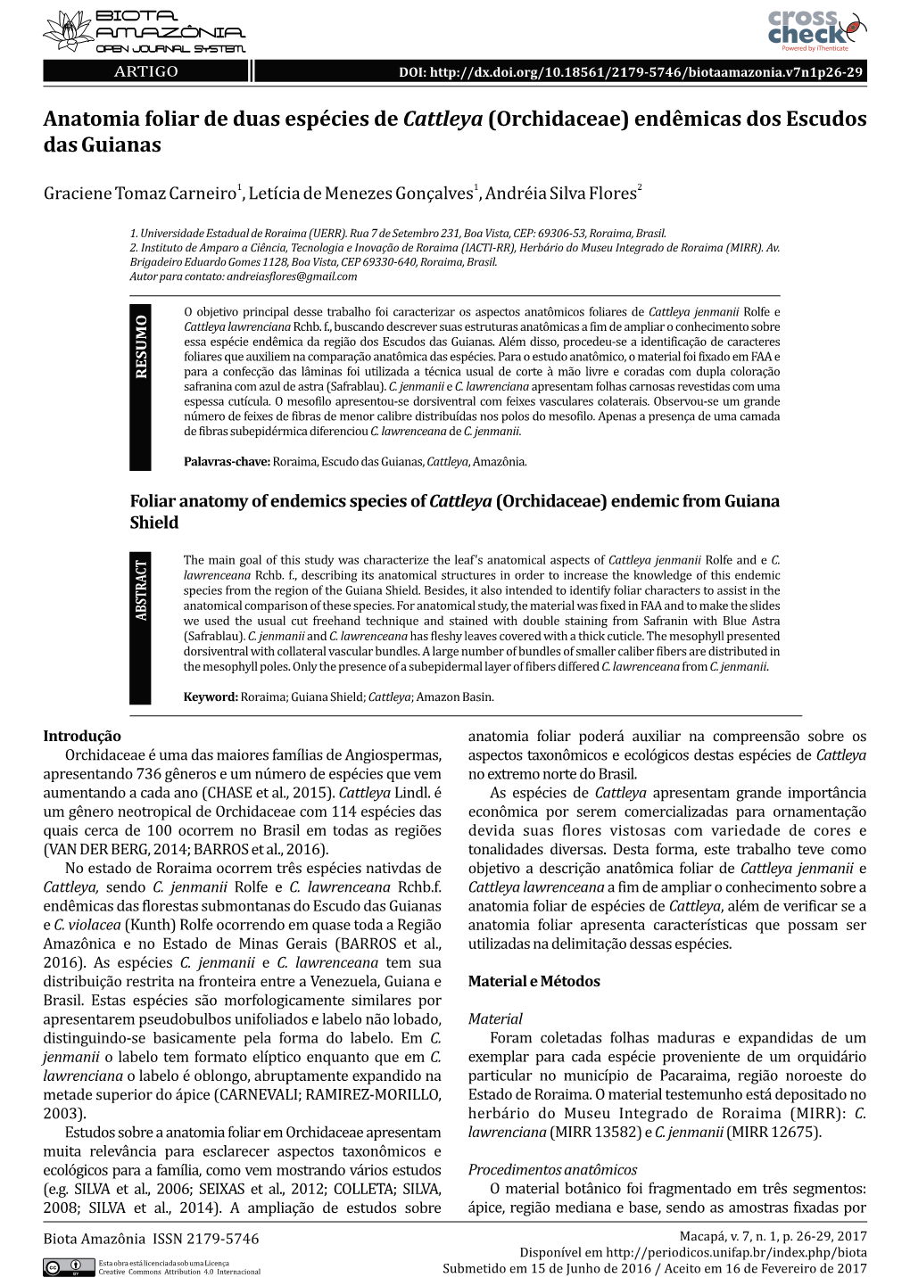 Anatomia Foliar De Duas Espécies De Cattleya (Orchidaceae) Endêmicas Dos Escudos Das Guianas