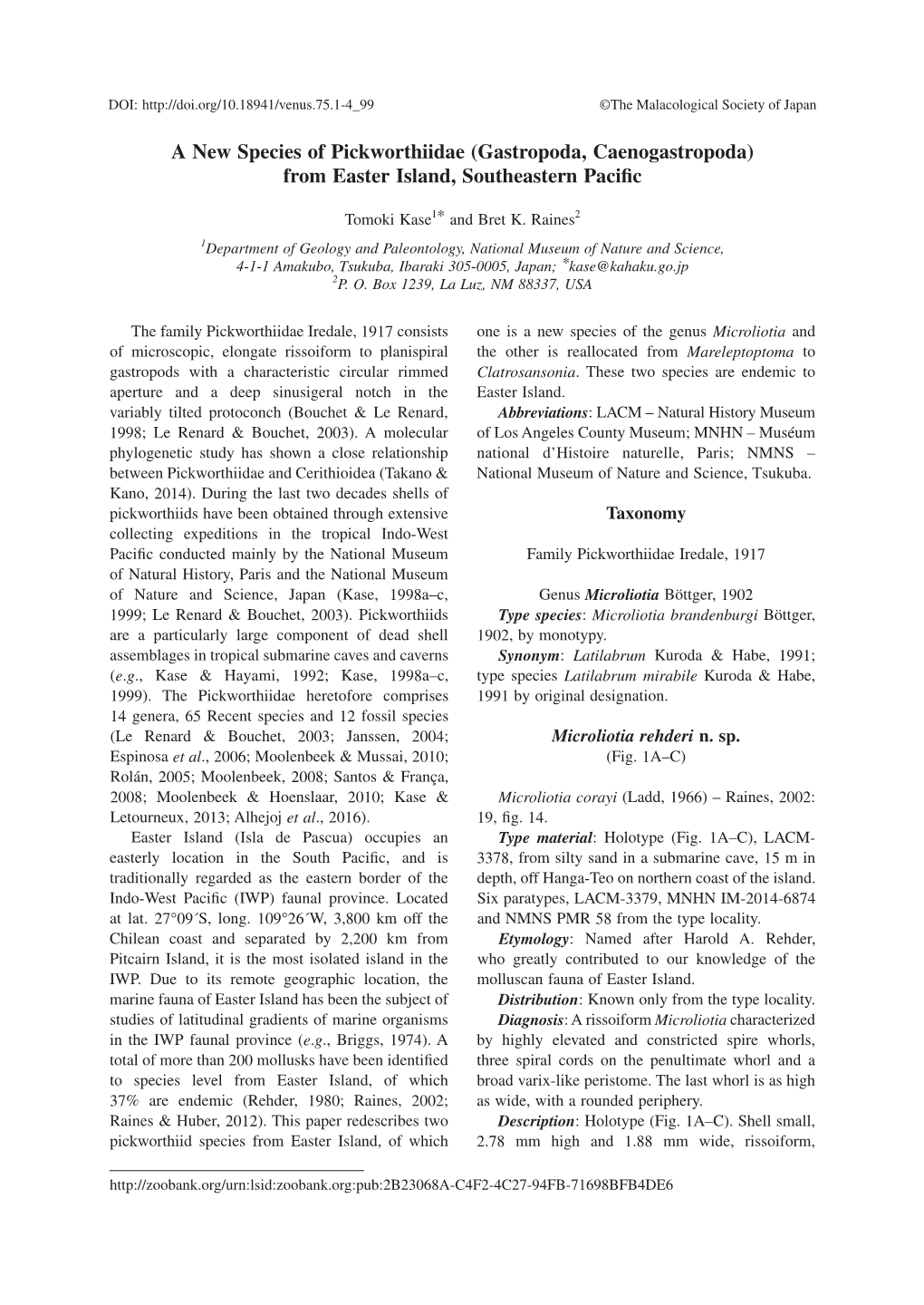 A New Species of Pickworthiidae (Gastropoda, Caenogastropoda) from Easter Island, Southeastern Pacific