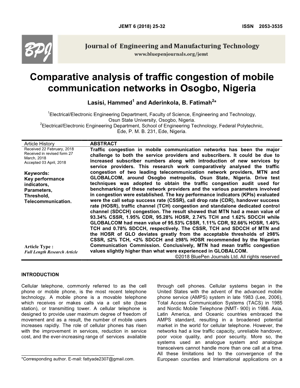 Comparative Analysis of Traffic Congestion of Mobile Communication Networks in Osogbo, Nigeria