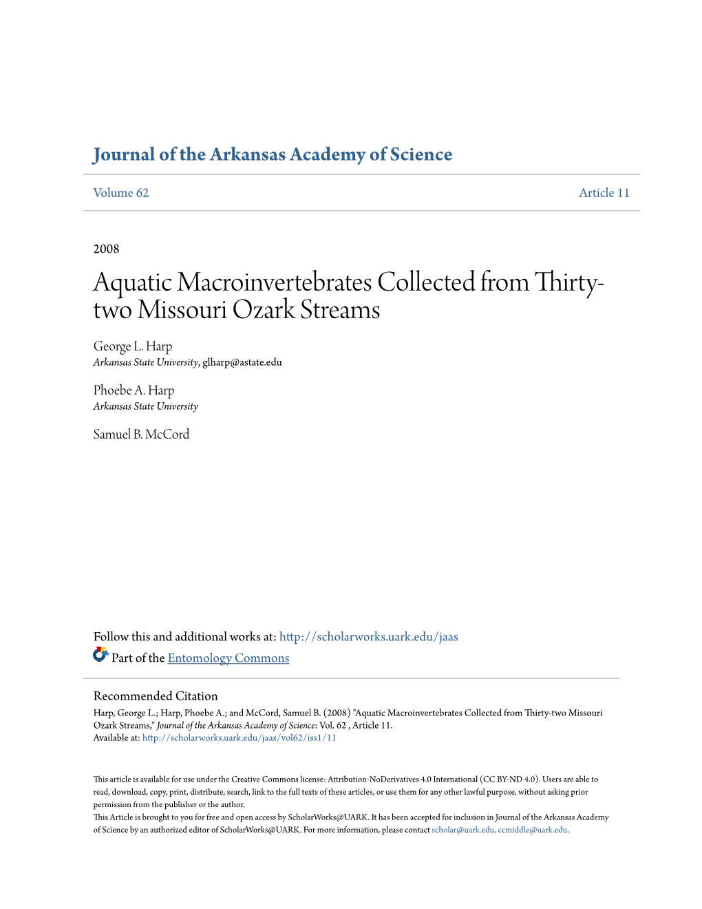 Aquatic Macroinvertebrates Collected from Thirty-Two Missouri Ozark Streams,