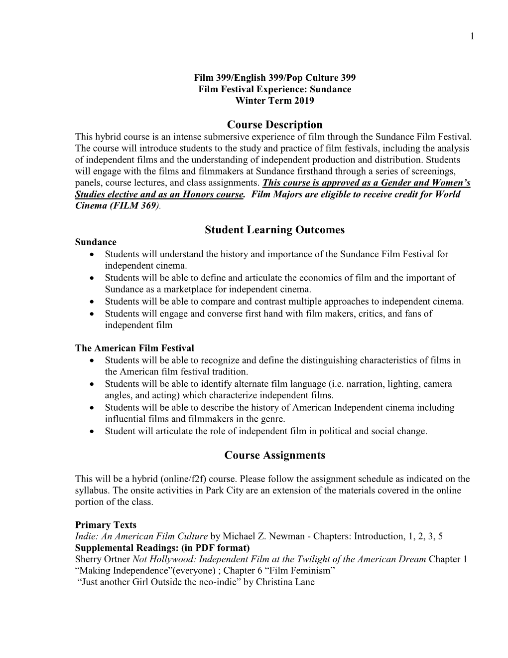 Course Description Student Learning Outcomes Course Assignments