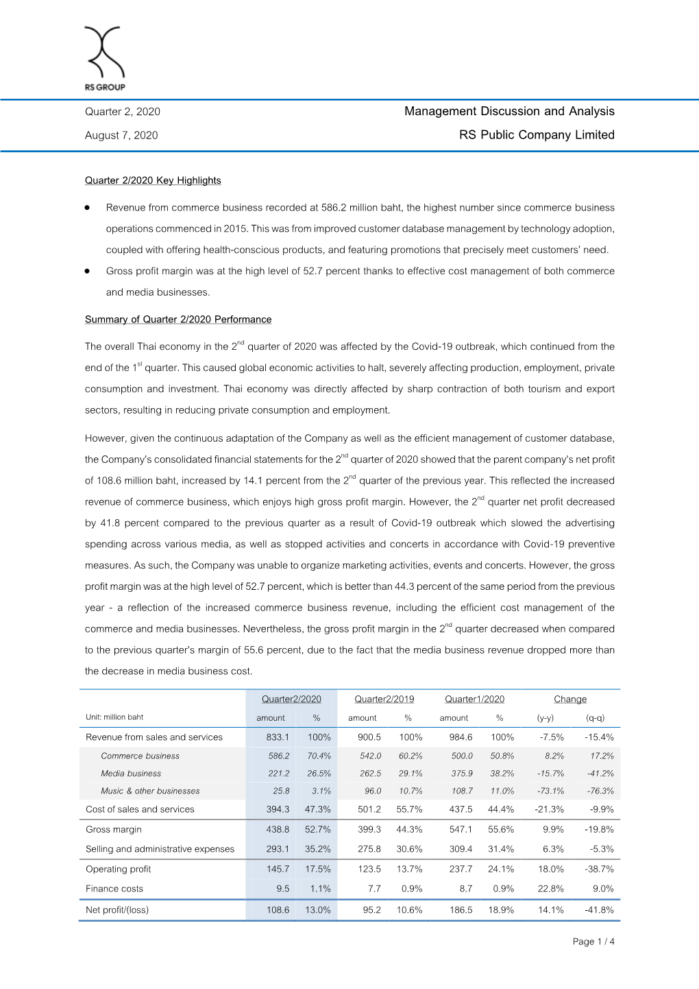 Management Discussion and Analysis RS Public Company Limited