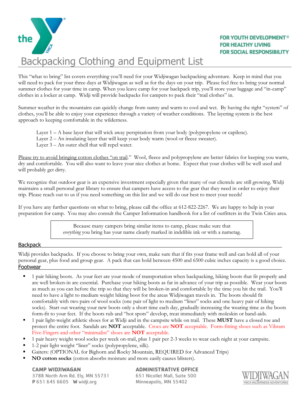 Backpacking Clothing and Equipment List