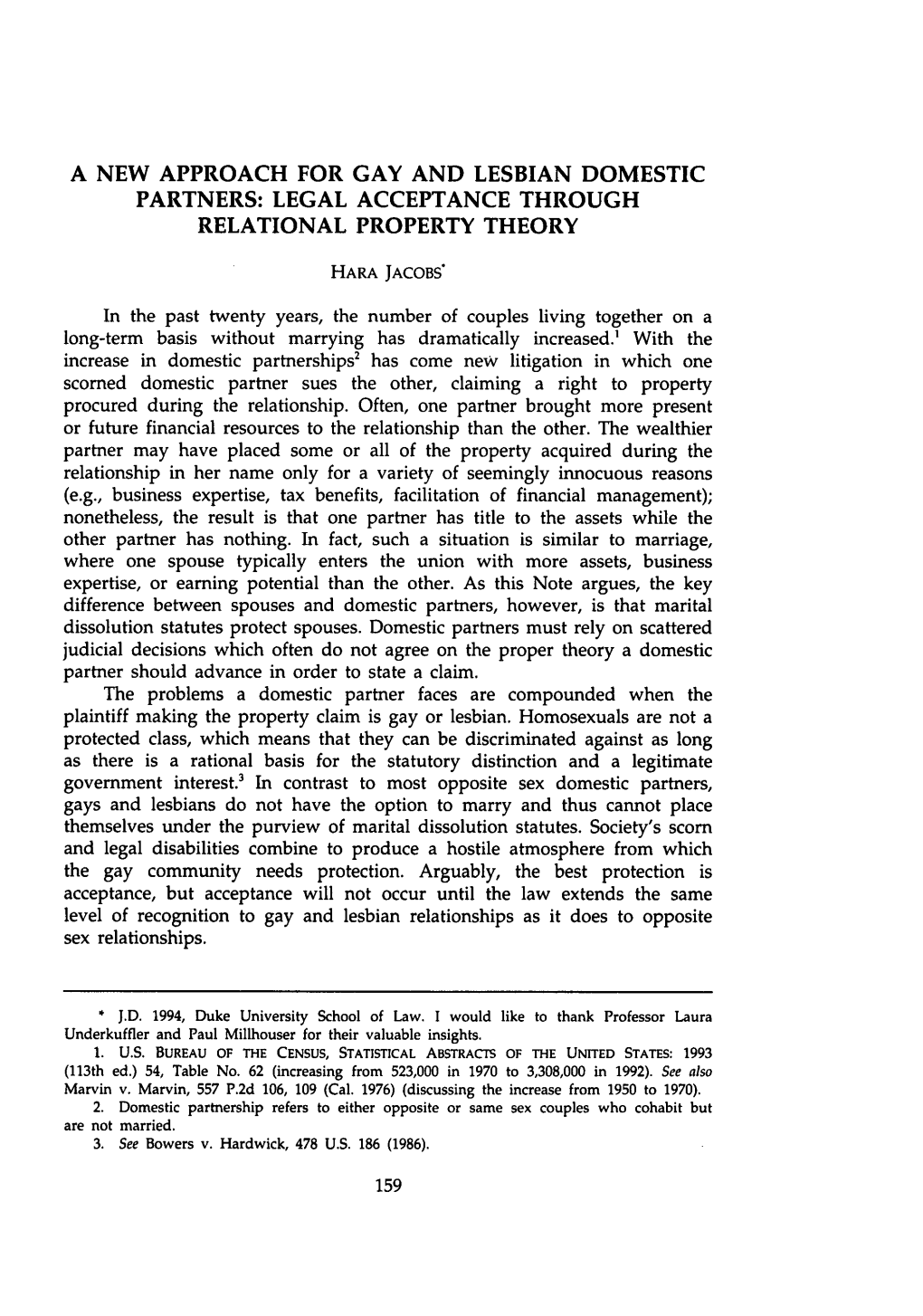 A New Approach for Gay and Lesbian Domestic Partners: Legal Acceptance Through Relational Property Theory