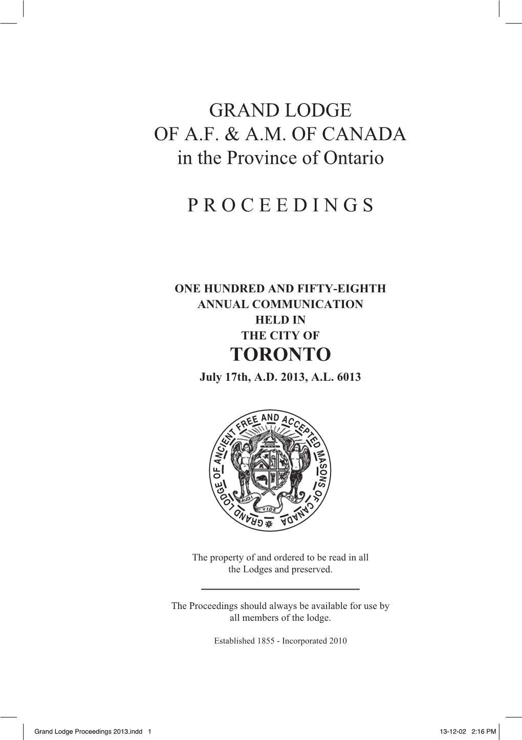 GRAND LODGE of A.F. & A.M. of CANADA in the Province of Ontario