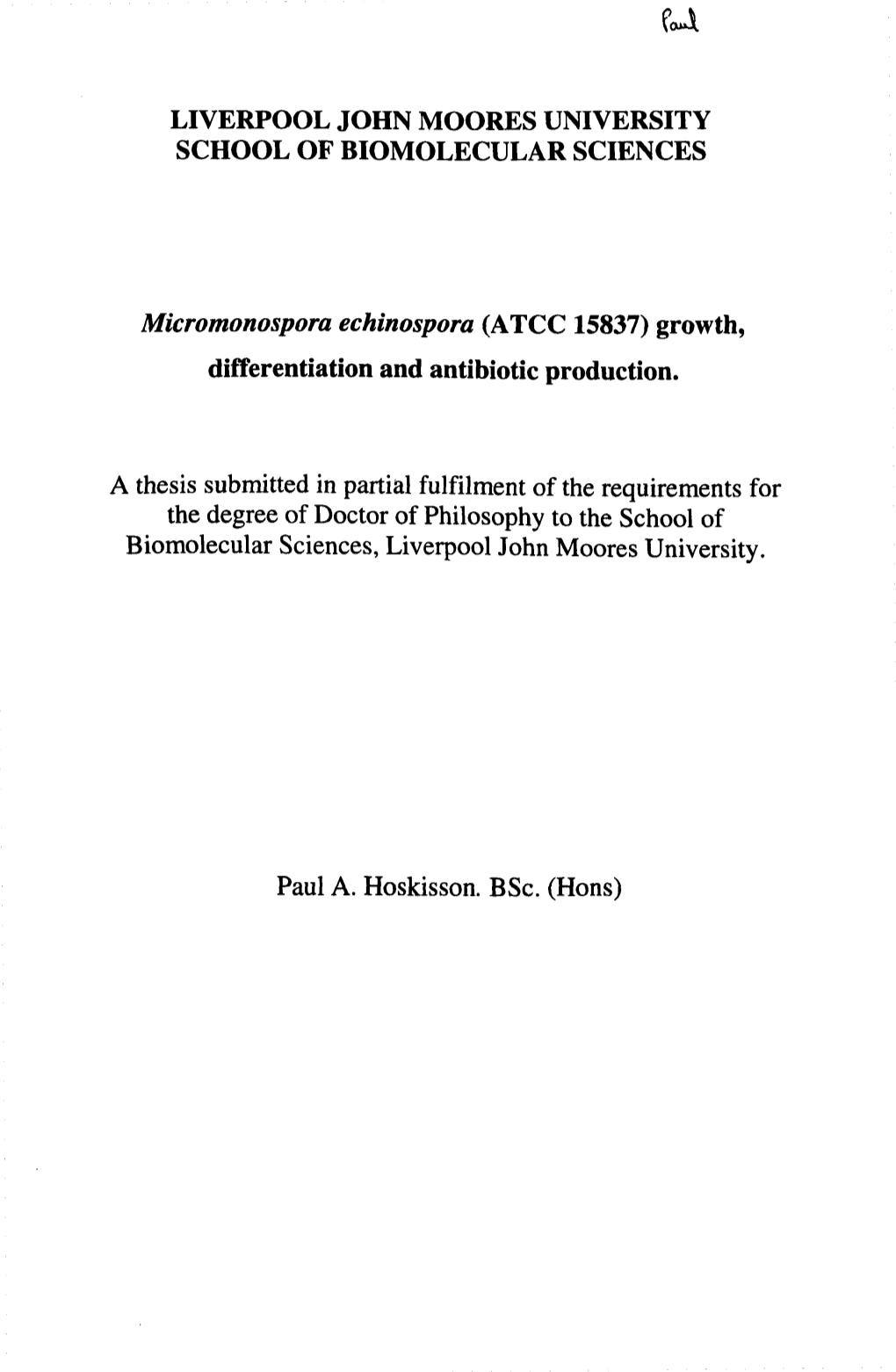 (ATCC 15837) Growth, Differentiation and Antibiotic Production