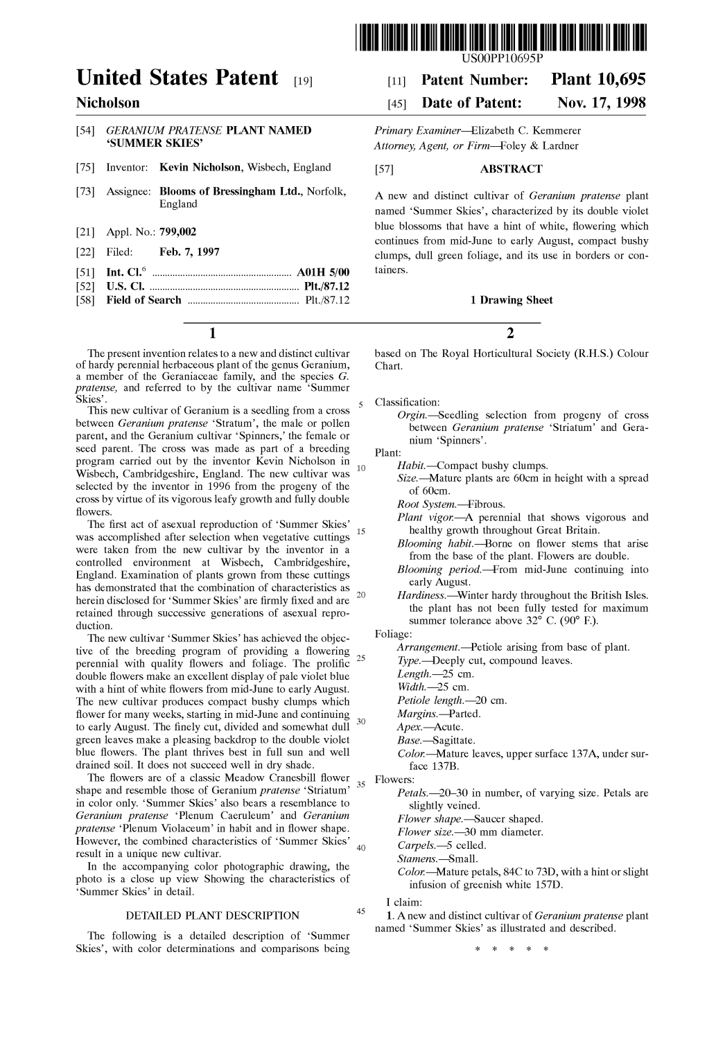 United States Patent (19) 11 Patent Number: Plant 10,695 Nicholson (45) Date of Patent: Nov