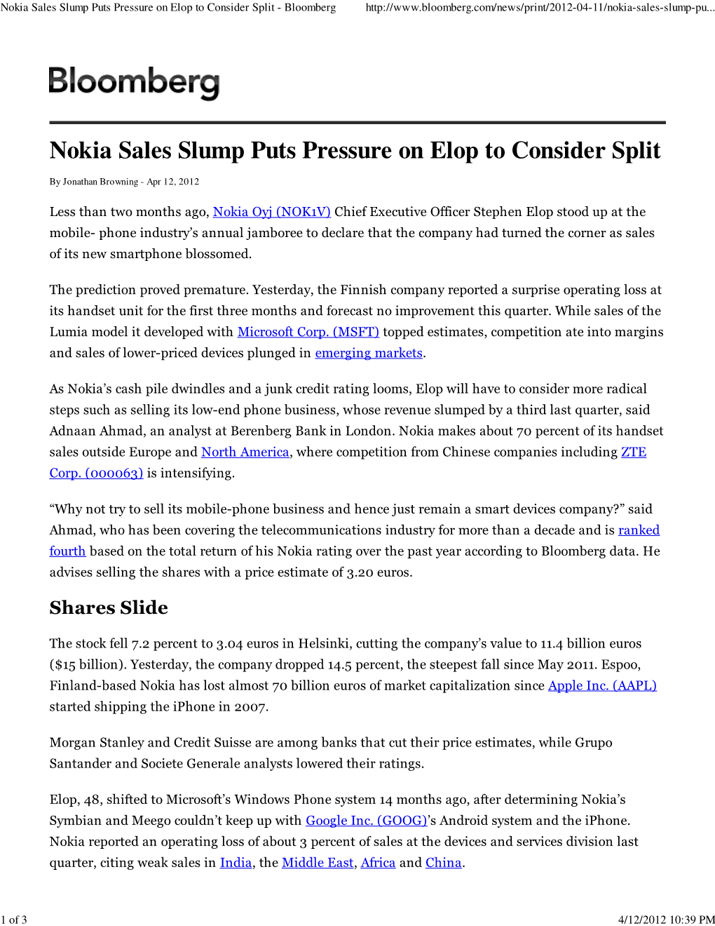 Nokia Sales Slump Puts Pressure on Elop to Consider Split - Bloomberg