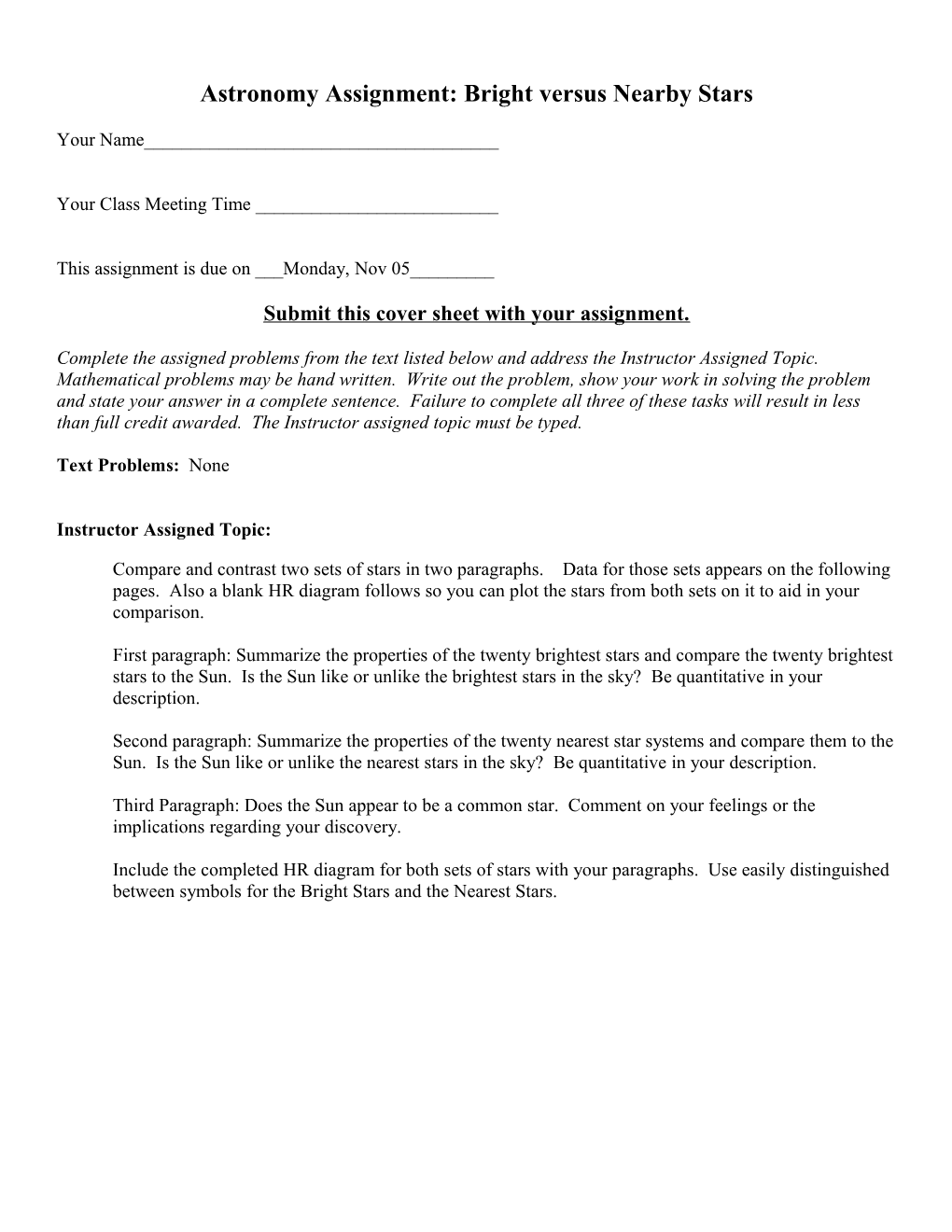 Astronomy Assignment: Bright Versus Nearby Stars