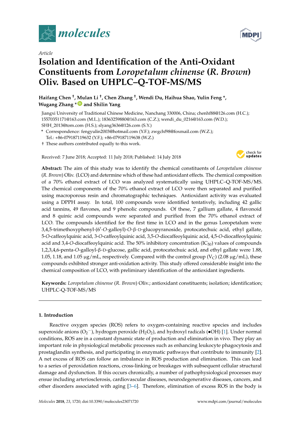 Isolation and Identification of the Anti-Oxidant Constituents From