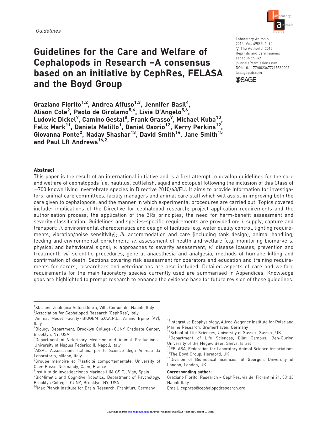 Guidelines for the Care and Welfare of Cephalopods in Research