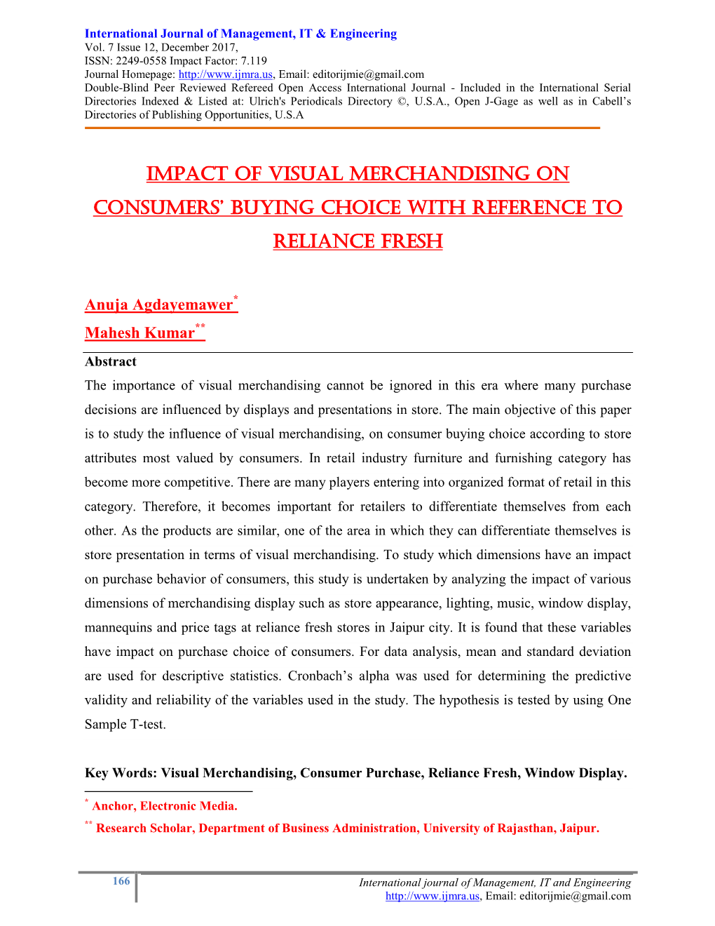 Impact of Visual Merchandising on Consumers’ Buying Choice with Reference to Reliance Fresh