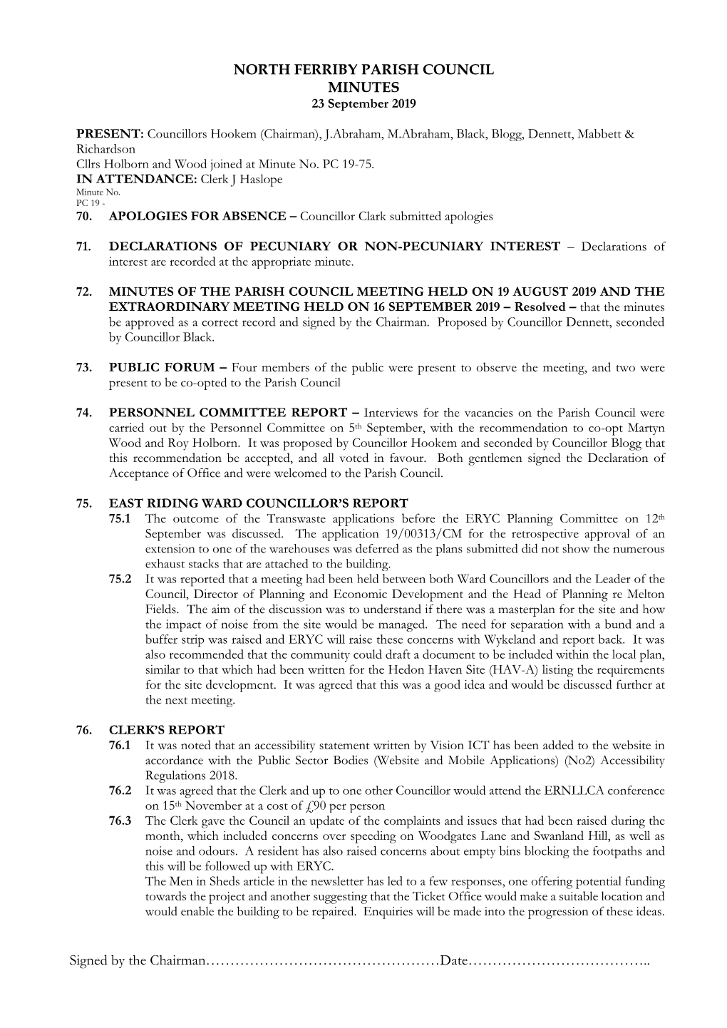 NORTH FERRIBY PARISH COUNCIL MINUTES 23 September 2019