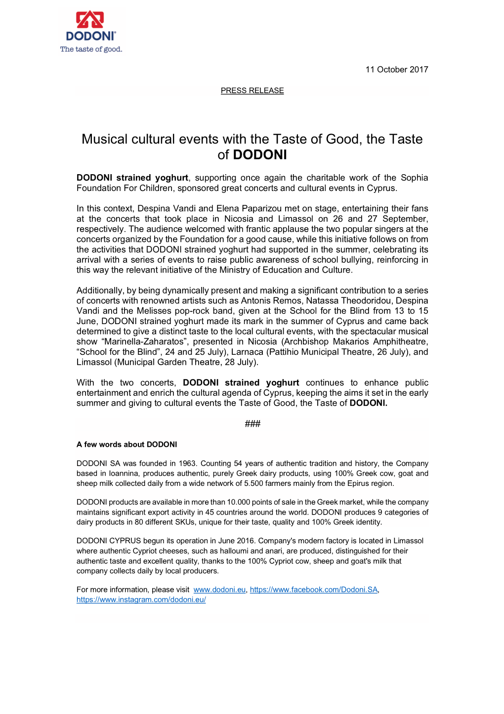 Musical Cultural Events with the Taste of Good, the Taste of DODONI