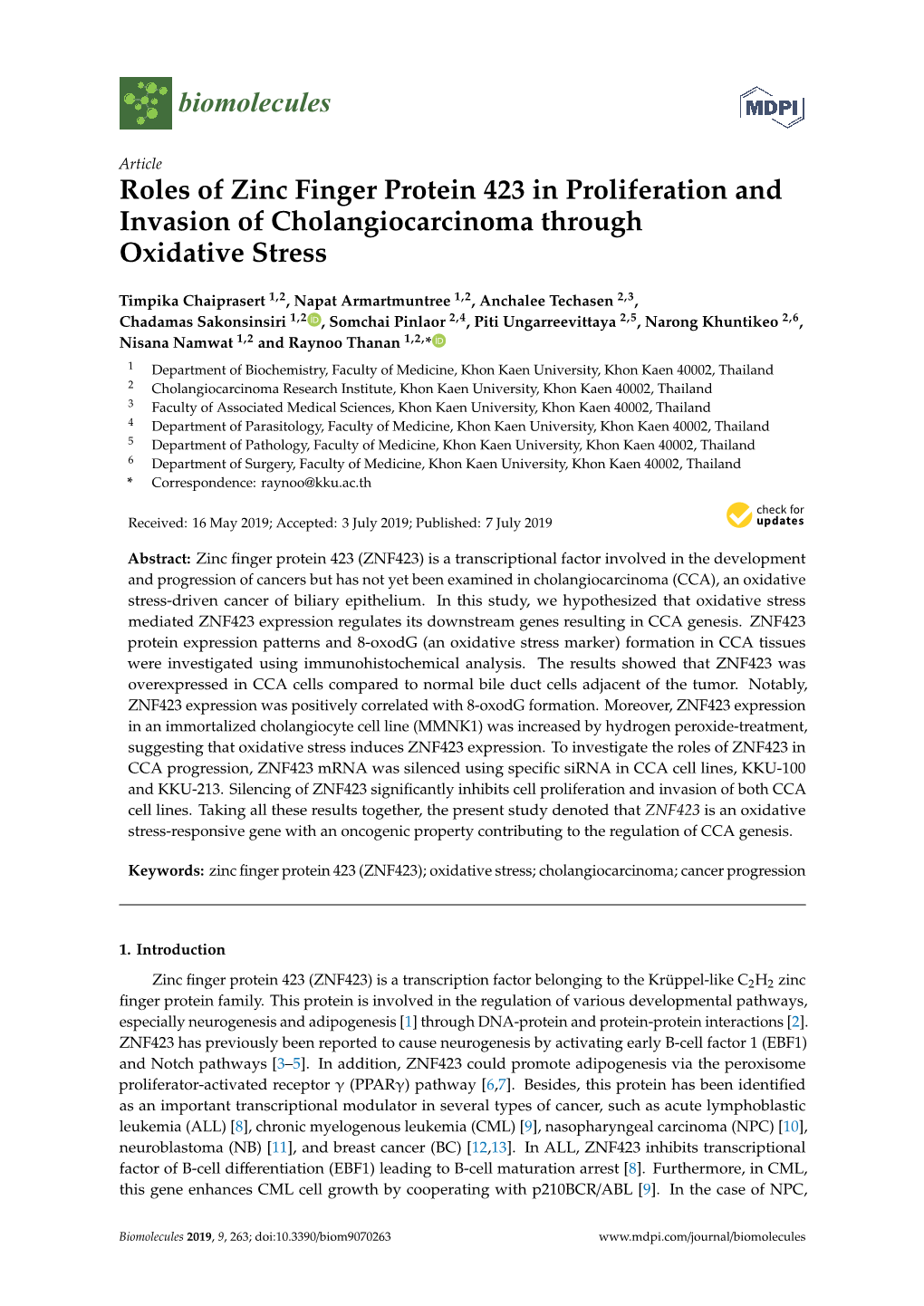 Roles of Zinc Finger Protein 423 in Proliferation and Invasion of Cholangiocarcinoma Through Oxidative Stress