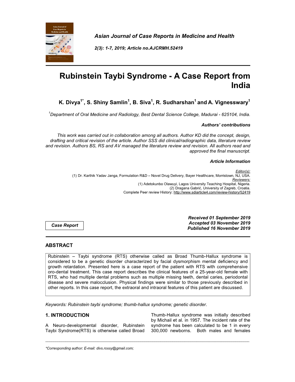 Rubinstein Taybi Syndrome - a Case Report from India